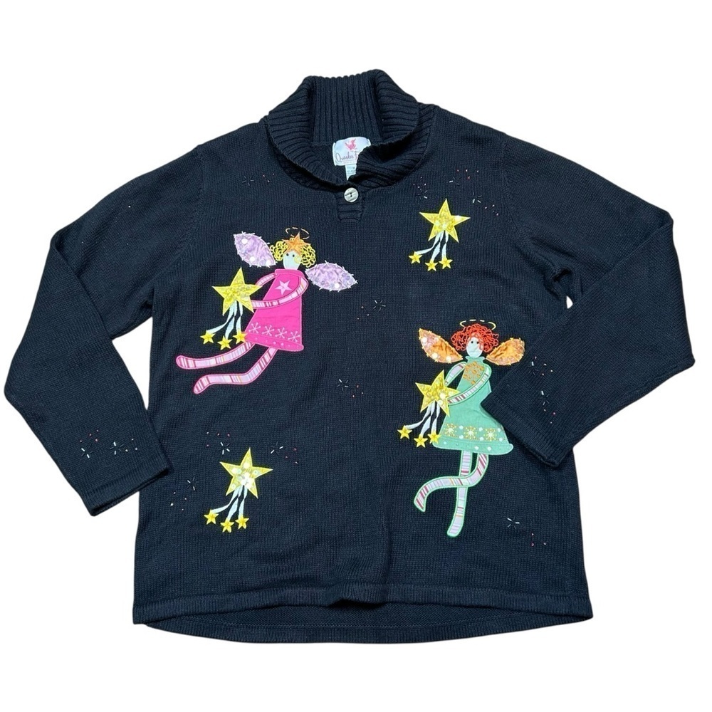 NWT Quacker Factory collared sweater with embroidered fairies angels Christmas